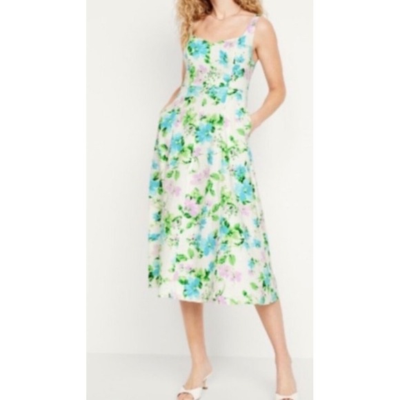 Old Navy Dresses & Skirts - Old Navy Womens XL Linen Blend Floral Midi Dress Sweetheart Neckline Pockets